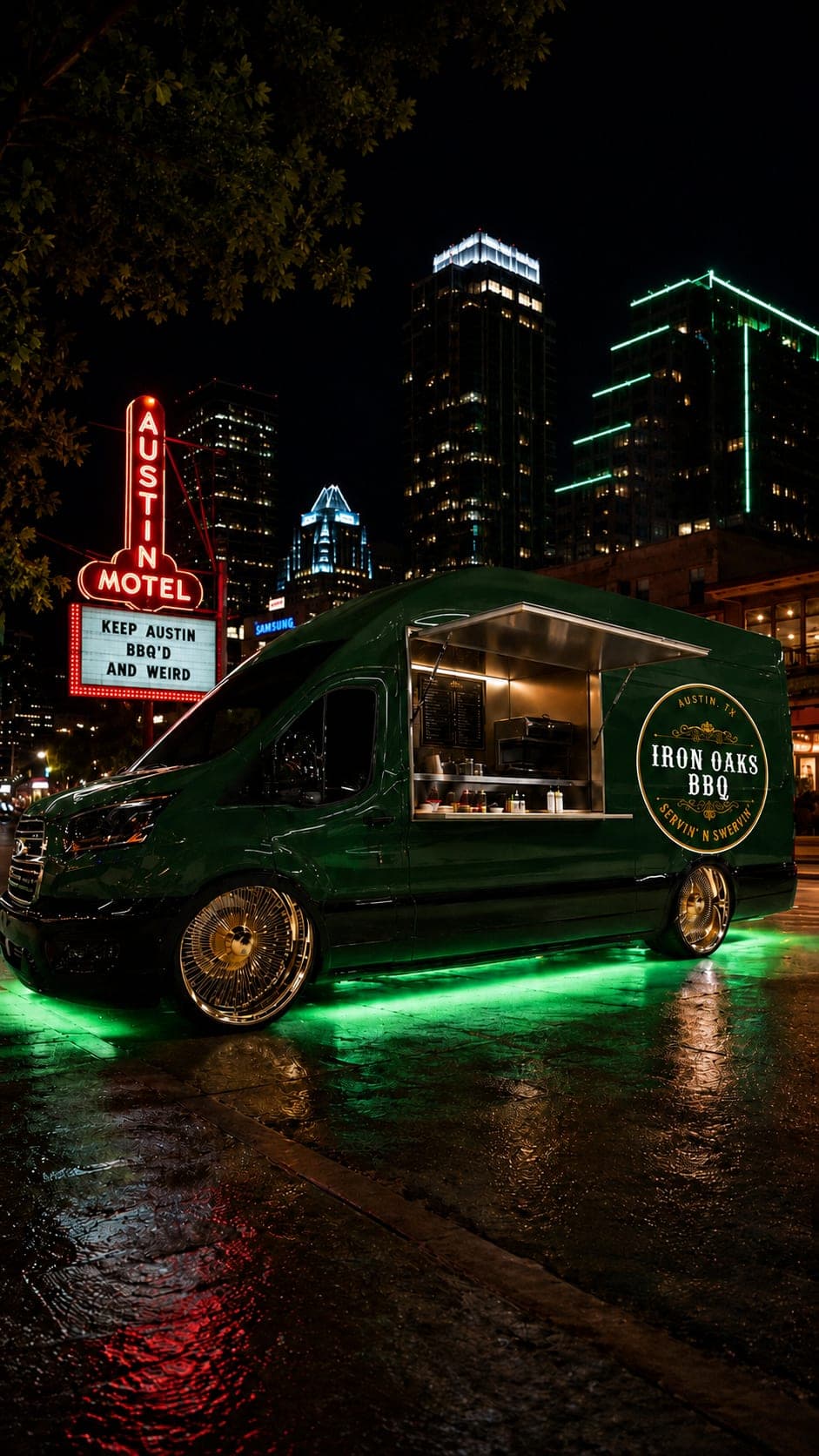 Iron Oaks BBQ food truck at night
